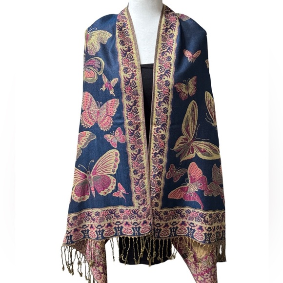 Blue Pink Fuchsia Gold Metallic Fringed Butterfly Shawl Wrap/ Scarf NEW - Picture 2 of 10